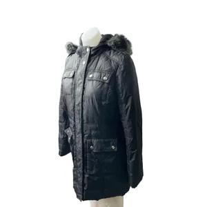 Aqua Black Faux Fur Trim Quilted Long Sleeve Hooded Puffer Parka Coat Jacket XS thumbnail 3