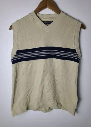 Vtg Work Wear WM 16/18 Tan Cotton Knit Striped V-Neck Sweater Vest 90s Y2K Retro thumbnail 1