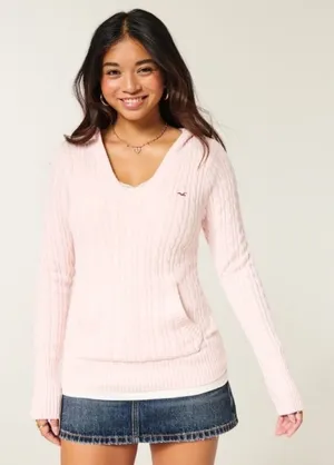 NWT! Hollister Pink Cable Knit V Neck Hoodie Sweater XL thumbnail 1