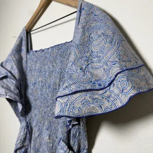 Women Cotton Smocked Midi Dress XL Blue Paisley Flutter Sleeve Nap Cottage thumbnail 3