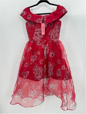 Chi Chi Red Dress Gray Floral Mini Skirt Midi Sheer Overlay Off Shoulder Size 4 thumbnail 4
