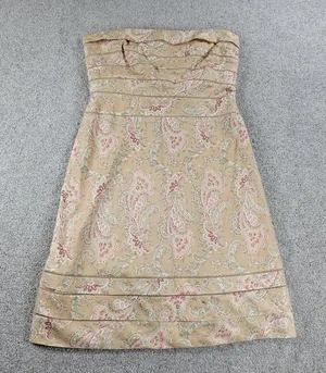 Kay Unger Womens Dress 8 Tan Satin Eyelet Strapless Paisley Print Side Zip Mini thumbnail 1