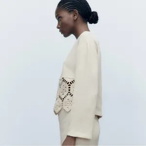 ZARA Beige Ecru Crocheted‎ Long Sleeve Sweater Sweatshirt Top Shirt Size Small thumbnail 4