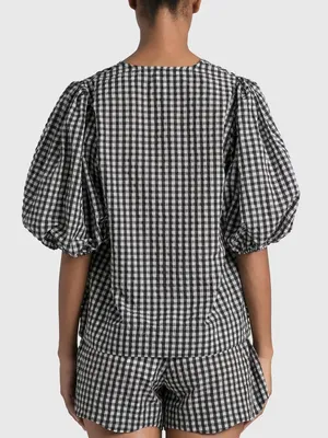 Ganni Seersucker Check Plaid Balloon Sleeve Blouse Womens 36 4 Black White thumbnail 4