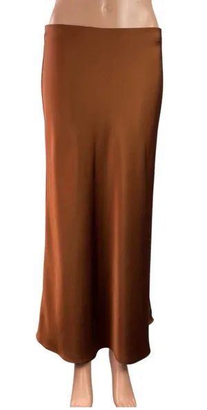 Zara Women's Brown Silky Satin Mid Waist Maxi Straight A-Line Slip Skirt Size 26 thumbnail 1