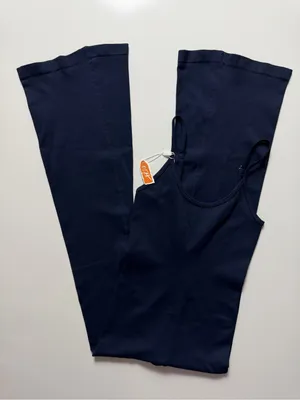 NWT Amazon Ribbed Flared Leg Jumpsuit, Navy Blue, Size S thumbnail 3