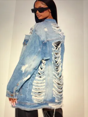 Cello Light Blue Distressed shredded Oversized Jean Jacket thumbnail 2