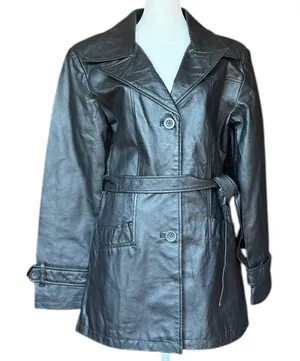 Oscar Piel 100% Leather Belted Button Front Black Coat‎ Jacket Sz M thumbnail 1
