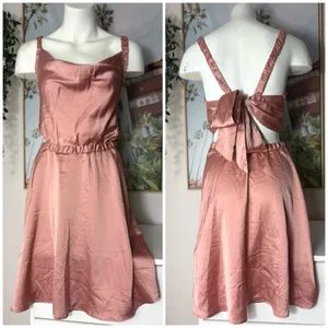 ASOS Design Blush Mauve Pink Satin Mini Dress 14 XL Cut Out Bow Back Skater thumbnail 5