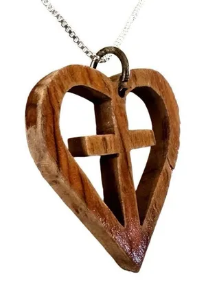 Heart Cross Wood Pendant necklace thumbnail 1
