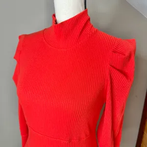 Free People Lala Cropped Puff Sleeve Mock Neck Ribbed Top Red Large L OB861565 thumbnail 4