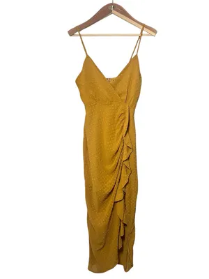 Lulus Mustard Yellow Ruffled Wrap Midi Dress NWT Small Wedding Guest Formal thumbnail 2