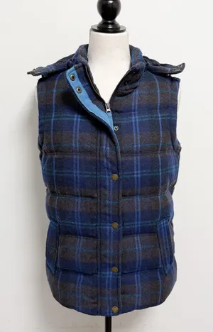 Boden Blue Brown Plaid Wool Blend Zip Up Hooded Puffer Pembroke Down Vest 6 thumbnail 1