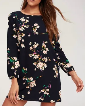 Lulus Herbaceous Babe Navy Floral Print‎ Long Sleeve Shift Dress MEDIUM thumbnail 1