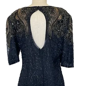 Vintage Black & Gold Silk Beadwork Cocktail Dress Open Back 80s Evening Party thumbnail 2