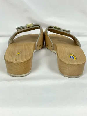 Vintage Dr. Scholl's Pescura Wood Sandals Tan Leather Italy Size 7 Original thumbnail 6
