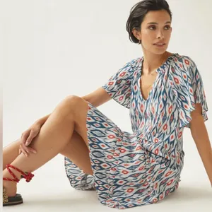 ANTHROPOLOGIE‎ Robin Tiered Ruffle Dress in Ikat White & Blue Print XS thumbnail 9
