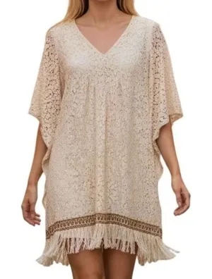 BUDDYLOVE Cream Floral Lace Kaftan Dress Fringe Hem Boho Kimono Sleeve EUC Small thumbnail 1
