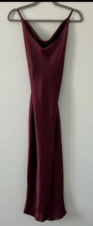 ASOS Design Cami Maxi Slip Dress in High Shine Satin lace up back Burgundy 10 thumbnail 1