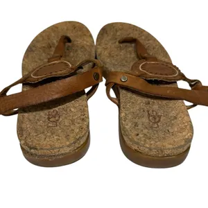UGG Women Brown Leather Cork Footbed Medallion Thong Ankle Strap Sandals 8 thumbnail 5