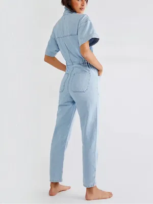 Free People We The Free Marci Coverall Sz XL Light Wash Denim Jumpsuit Utility thumbnail 5