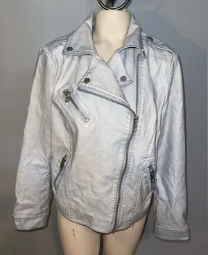Chico’s light blue silver zipper faux leather motorcycle jacket coat womans M thumbnail 1