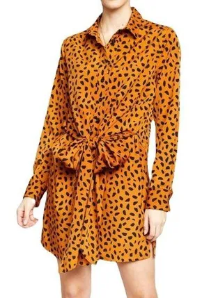 New Tie Front Button Down Shirtdress Animal Print Long Sleeve Mini thumbnail 1