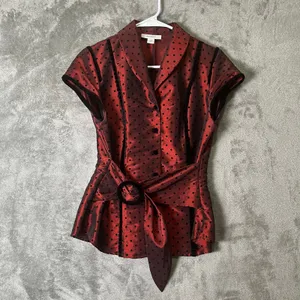 Vintage Whimsigoth Dark Romance Red‎ Satin Polka Dot Belted Blouse Structured SM thumbnail 2