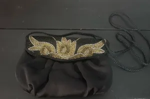 Vintage Black Satin Beaded Evening Clutch Floral Gold Silver Shoulder Purse thumbnail 1