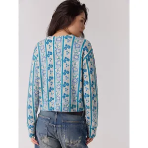 Free People Nocturnal Cashmere Cardi Cardigan Sweater Cottage Blue Floral Large thumbnail 5