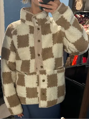 SheIn Checked Sherpa Jacket in Cream and Brown - Women's Cozy Coat thumbnail 1
