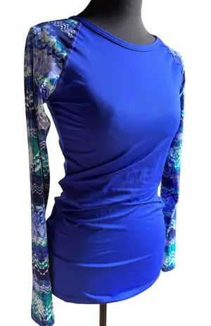TYR Long Sleeve Rash Guard Swim Top Blue Geometric Print | UPF Sun | Est. Small thumbnail 1