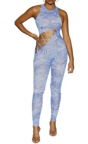 Naked Wardrobe NWT Women Small Blue Marble Mesh No Strings Attached Jumpsuit thumbnail 1