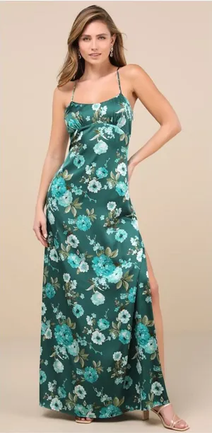 Lulu's Wondrous Allure Green Floral Satin Backless Maxi Dress thumbnail 1