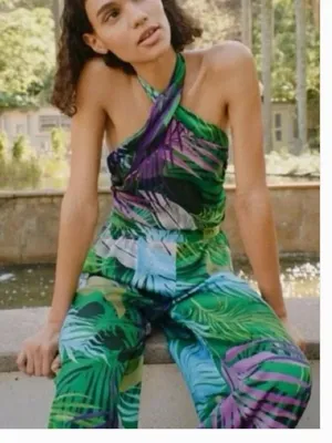 ZARA NWOT Tropical Leaf-print Halter Wide-leg Jumpsuit Green XS thumbnail 3