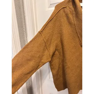 Aerie Womens Mustard Yellow Waffle Knit Oversized V-Neck Pullover Hoodie L/G NEW thumbnail 5