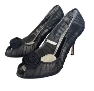 Dolce & Gabbana Black Mesh Rosette Peep Toe Stiletto Pumps Women Size 37.5 thumbnail 1