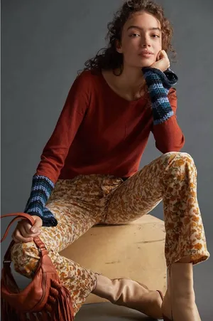 Anthropologie PILCRO Crochet Cuffed Thermal Top Cedar Pullover Stripes Small thumbnail 1