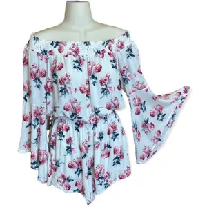 Abercrombie & Finch Ivory floral off shoulder rayon bell sleeve romper Size M thumbnail 1