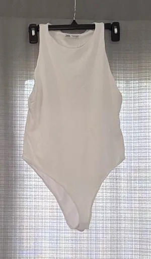 Zara White Ribbed Sleeveless One-Piece Bodysuit thumbnail 1