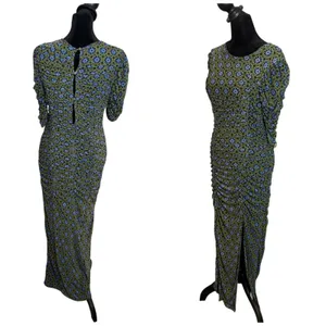 Free People Briella Ruched Midi Dress Size M Green Mesh Floral Split Bodycon thumbnail 2
