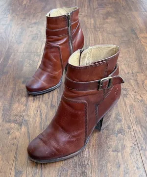 Frye • Patty Riding Bootie brown leather Redwood ankle boot heeled strap buckle thumbnail 3