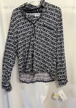 DKNY black & white logo print blouse with repeating DKNY text pattern, size M two piece pj set #designer #workwear. #168 thumbnail 1