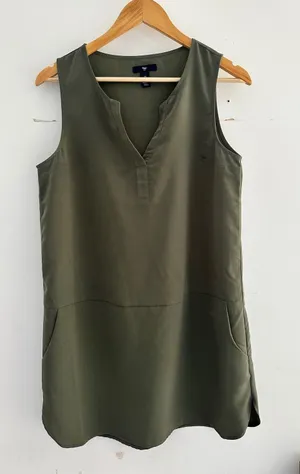 Gap Olive Green Sleeveless Drop Waist V-Neck Pocket Mini Dress Small thumbnail 1