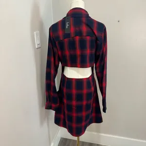 Lulus Red Navy Blue Plaid Cutout Back Mini Shirt‎ Dress NWT Medium thumbnail 4