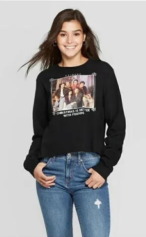 ✨FRIENDS Womens Black 'Christmas is Better with Friends' Cropped Sweatshirt✨ thumbnail 1