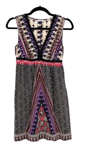Kimchi Blue Silk Boho Chic Artsy Mini Dress Purple Black Multi Size Small thumbnail 1