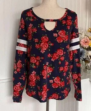 Floral Print Keyhole Top Accent Neckline Long Sleeve thumbnail 1