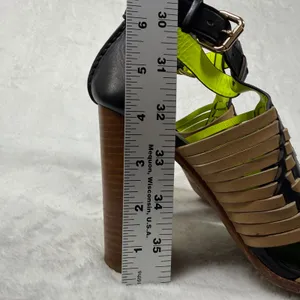 Coach Black Tan Neon‎ Woven Leather Block Heel Sandals Buckle Ankle Strap 7 thumbnail 4