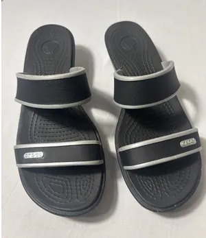 Crocs Womens W7 Black Gray Double Strap Wedge Slide Comfort Sandals Shoes thumbnail 1